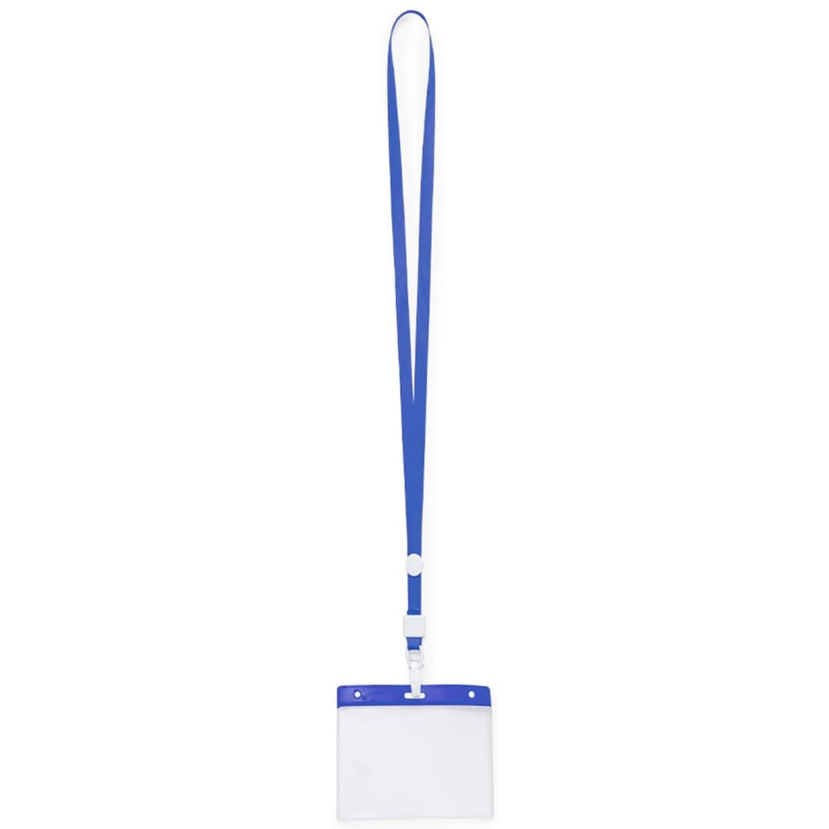 A blue lanyard with a clear, empty badge holder attached at the bottom.