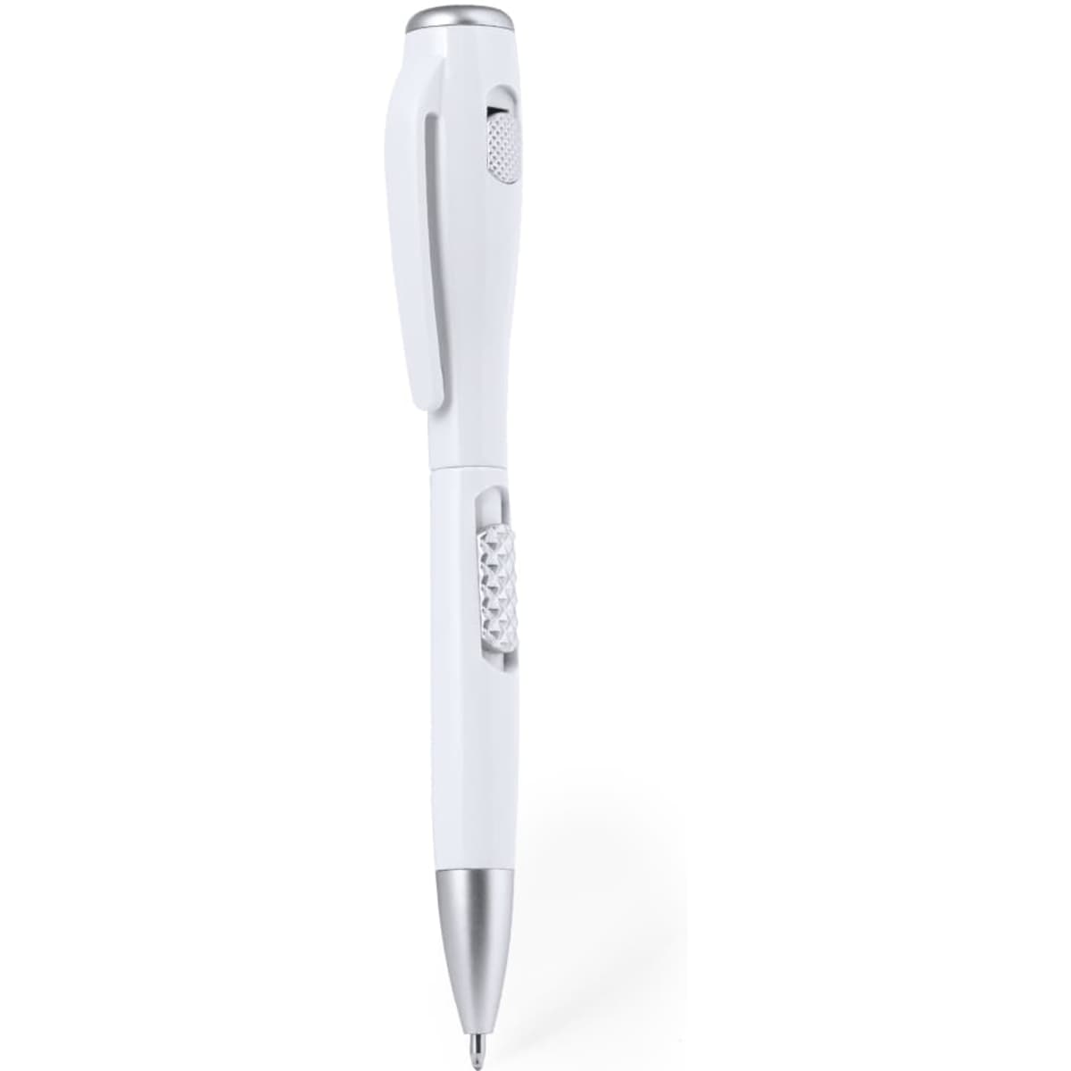 A white pen with silver accents and a textured grip. It features a logo near the clip.