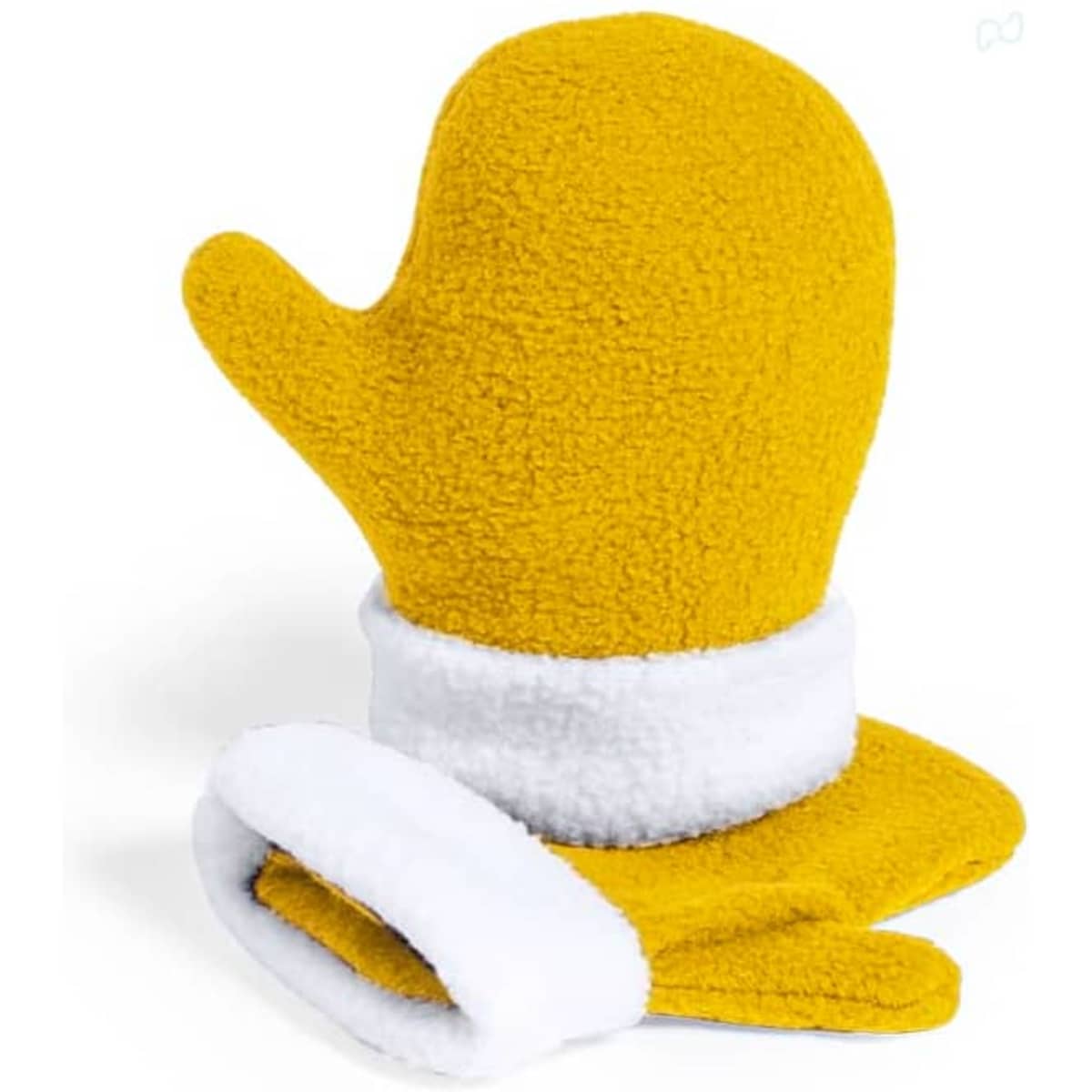 A pair of yellow mittens with a white cuff, featuring a soft, fluffy texture. The product has a logo prominently displayed.