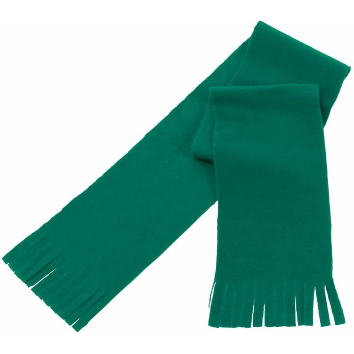 A green scarf with fringed edges, featuring a simple, solid design. It has a logo visible on one side.