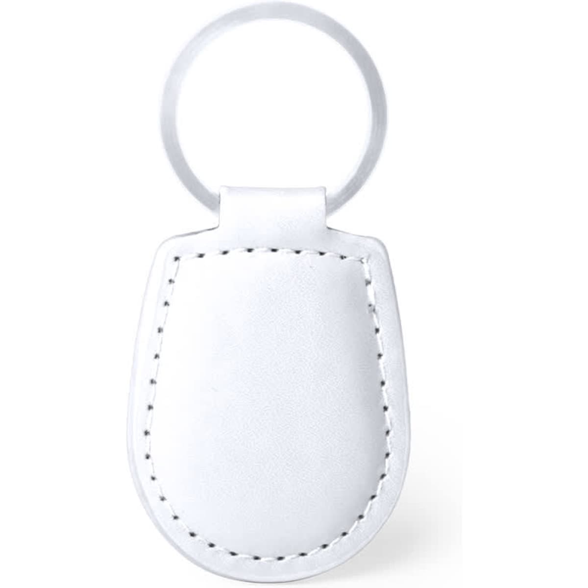 A white Pelcu keyring with a stitched leather pouch and a metal ring for attaching keys.
