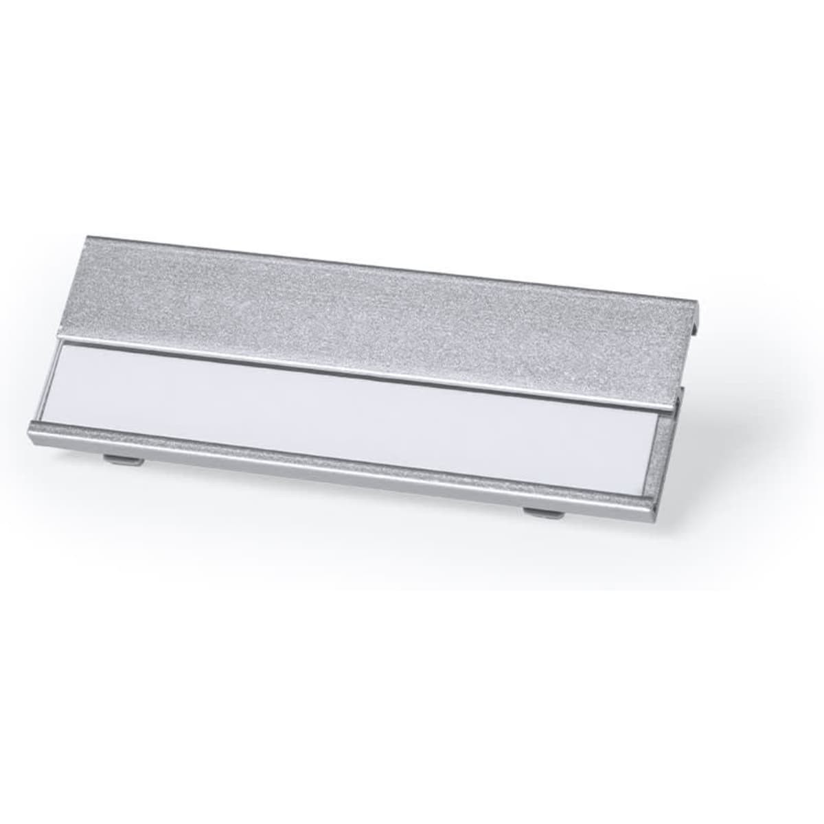 A silver name badge holder with a white insert, designed for use in exhibitions and events.