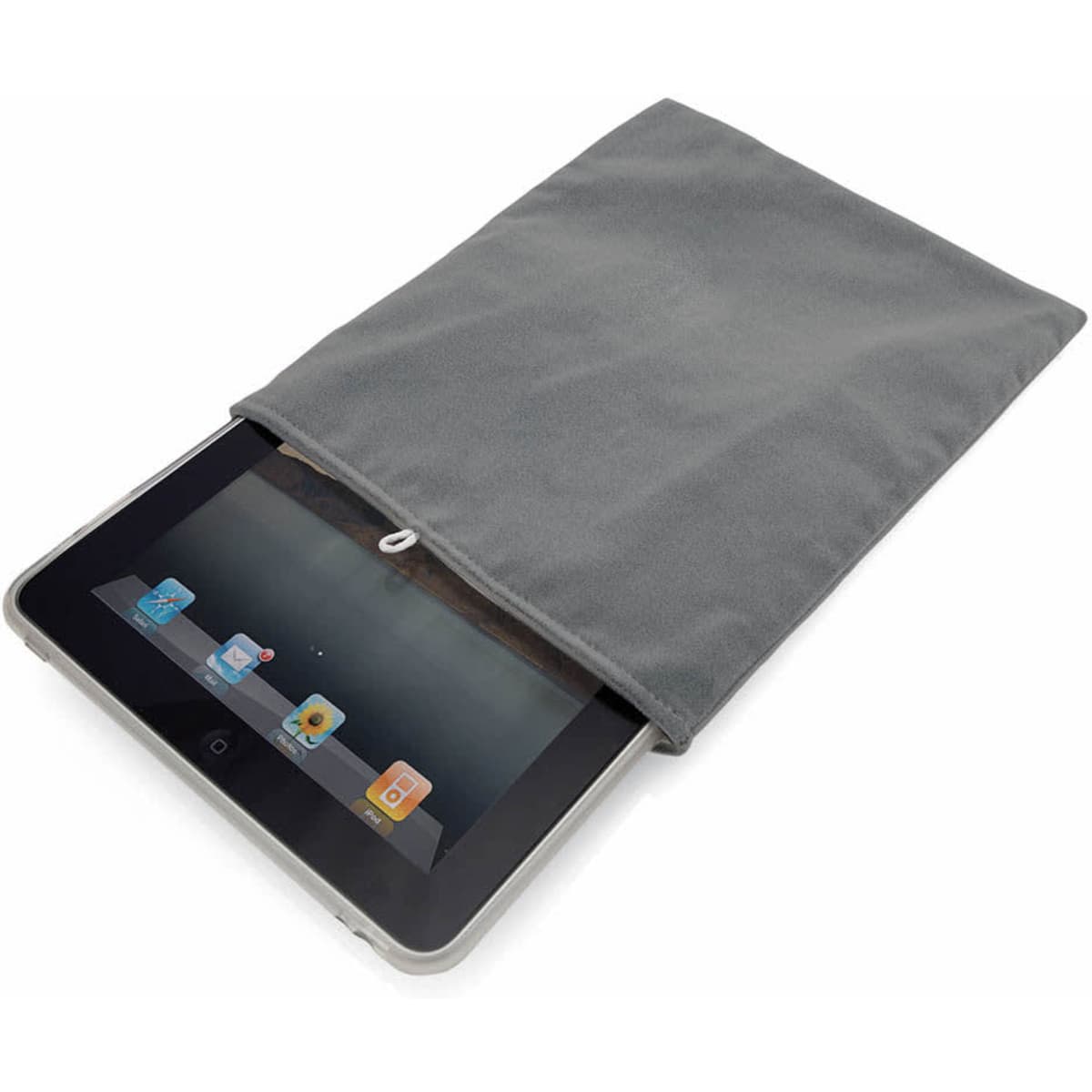 A grey tablet case partially covering a tablet, featuring a smooth texture and a design with a logo.