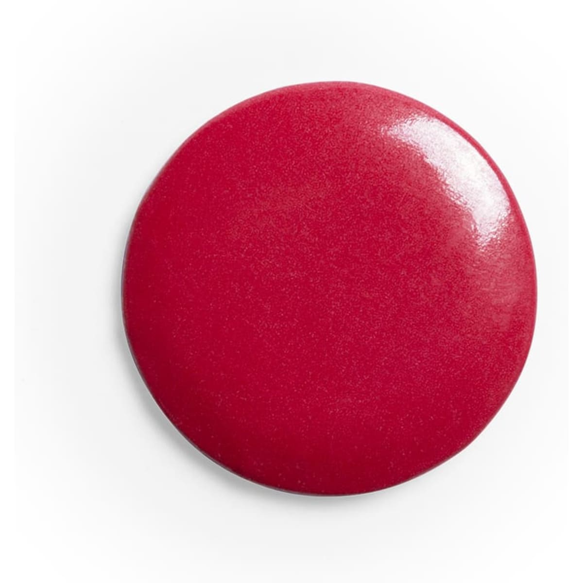 A red lapel pin with a glossy finish, featuring a smooth circular design.