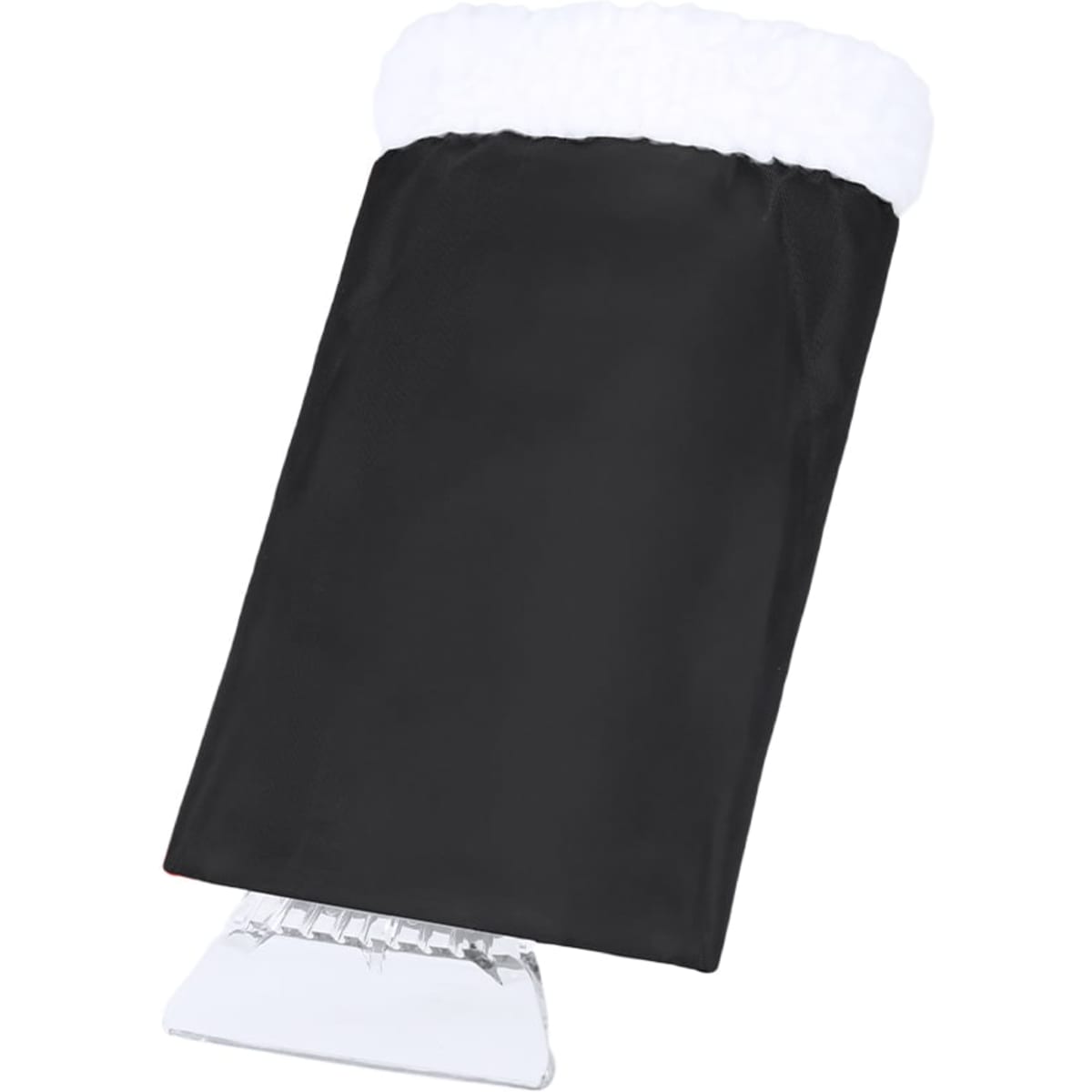 A black ice scraper with a white fur-lined sleeve for added comfort. Features a clear scraping blade underneath.