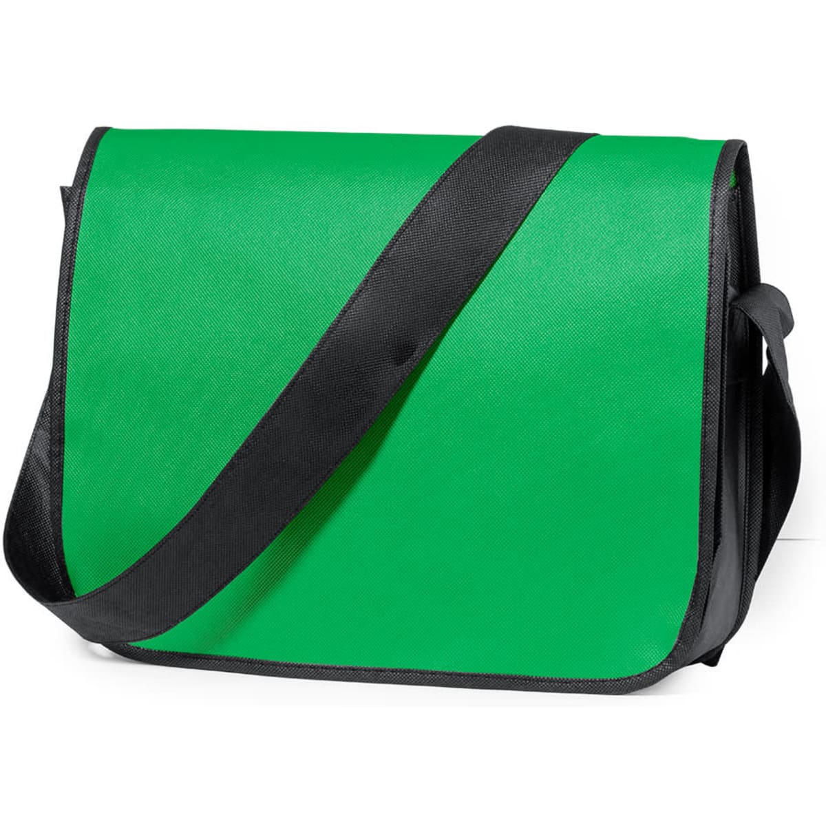 A green messenger bag with a black strap and trim, featuring a flap closure. It has a logo on the front.