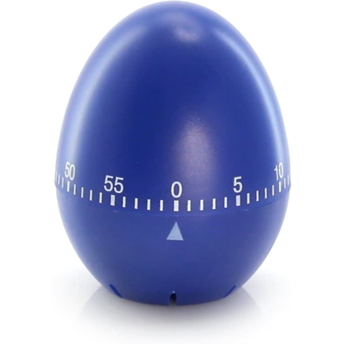 A blue egg-shaped timer with a white scale, indicating minutes from 0 to 60, and a triangular pointer.