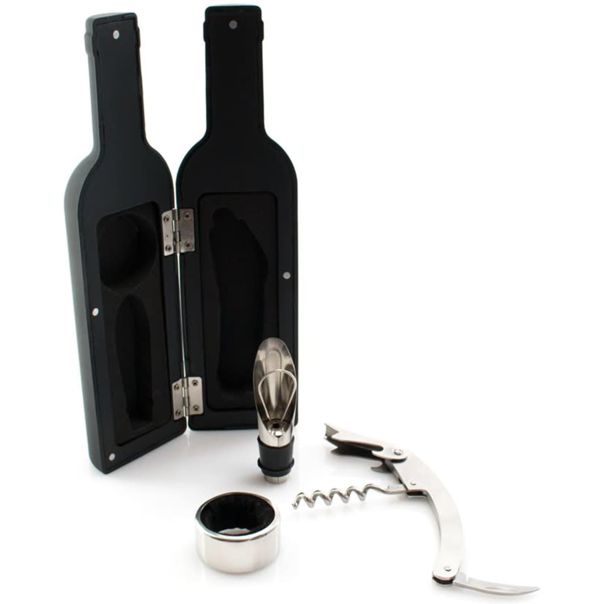 A black wine set featuring two bottle-shaped cases, a corkscrew, a pourer, and a wine stopper inside.