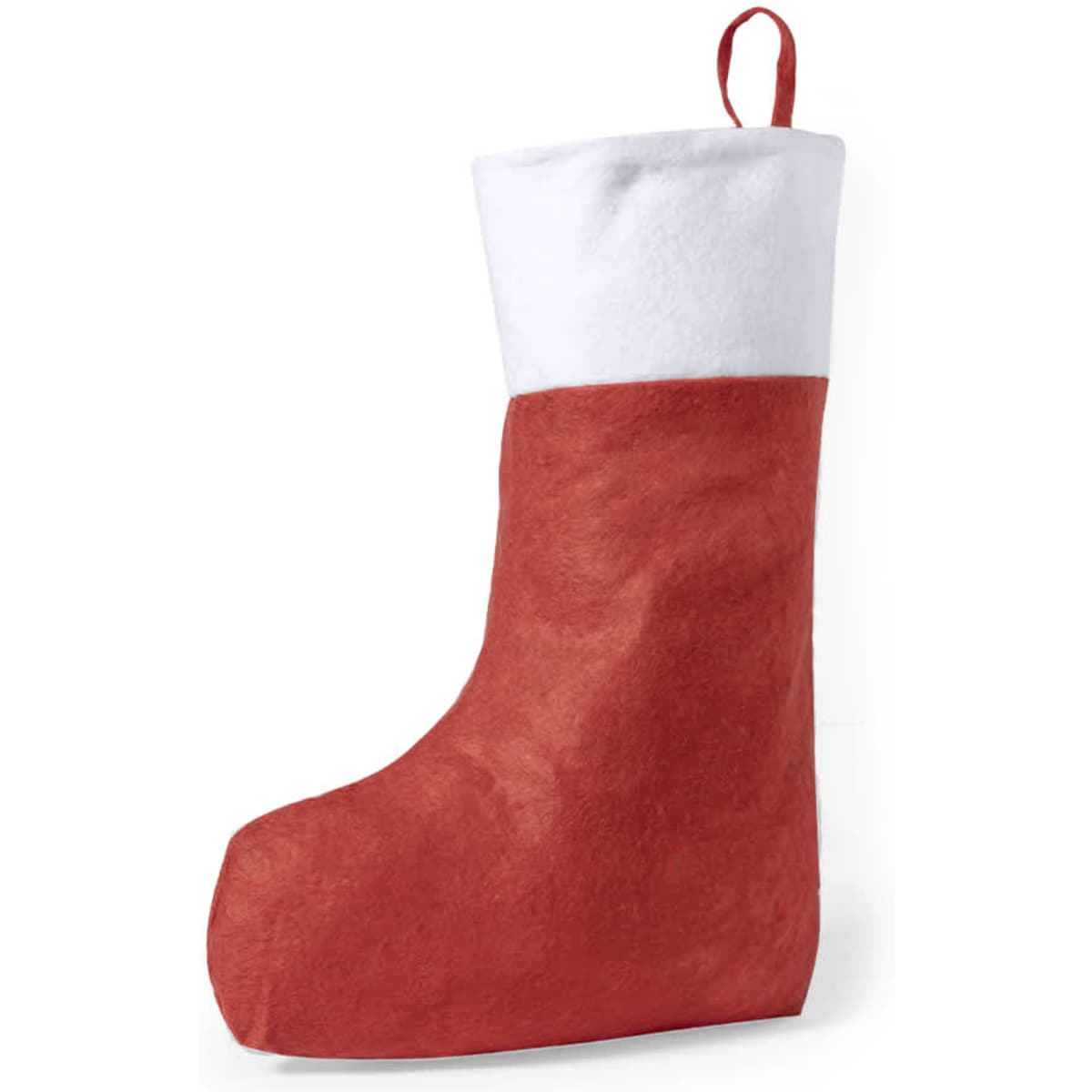 A red and white Christmas stocking with a soft, felt texture and a hanging loop at the top.