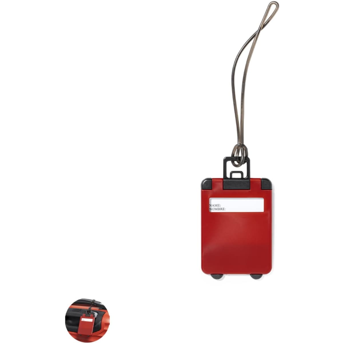 A red luggage tag with a loop for attachment, featuring a white space for personal information.