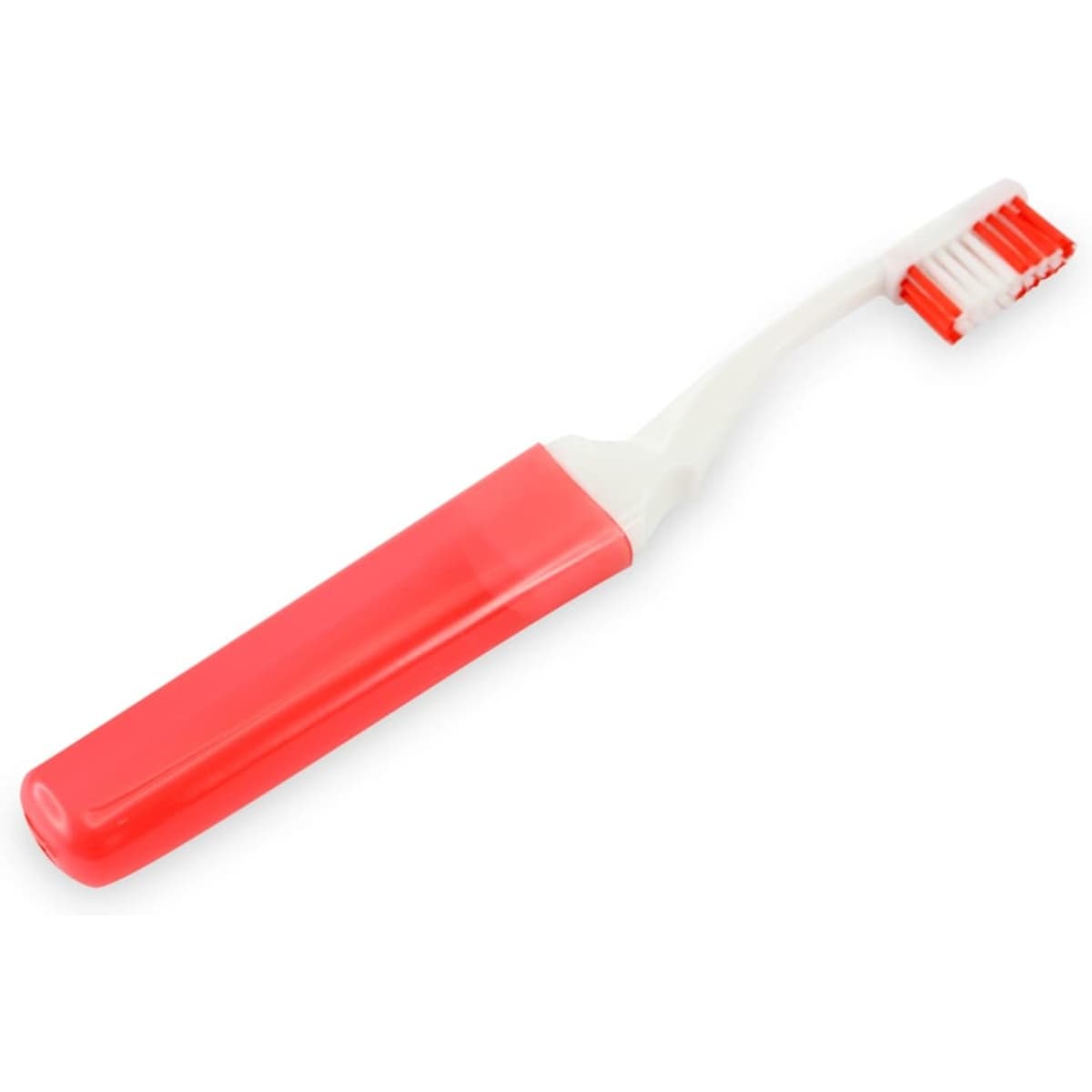 A toothbrush with a red handle and white bristles, featuring a branding logo.