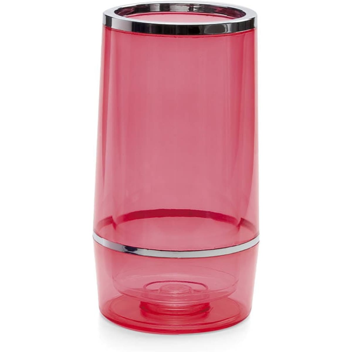 A drink bottle in bright red with a silver lid, featuring a modern, sleek design. It has a logo on the surface.