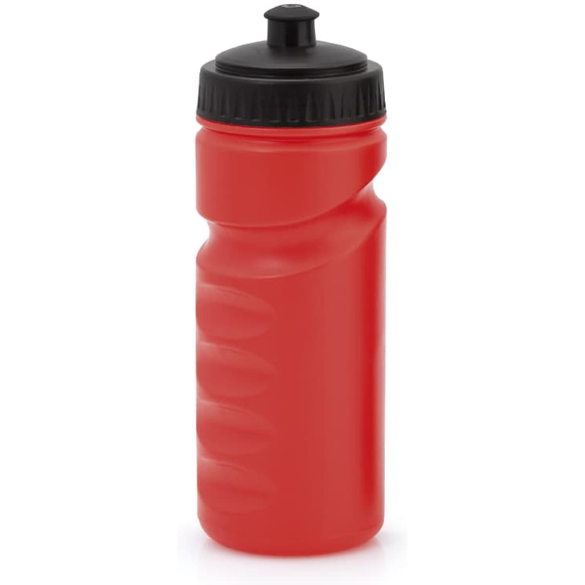 A red drink bottle with a black screw top and a textured grip. It features a branding logo.