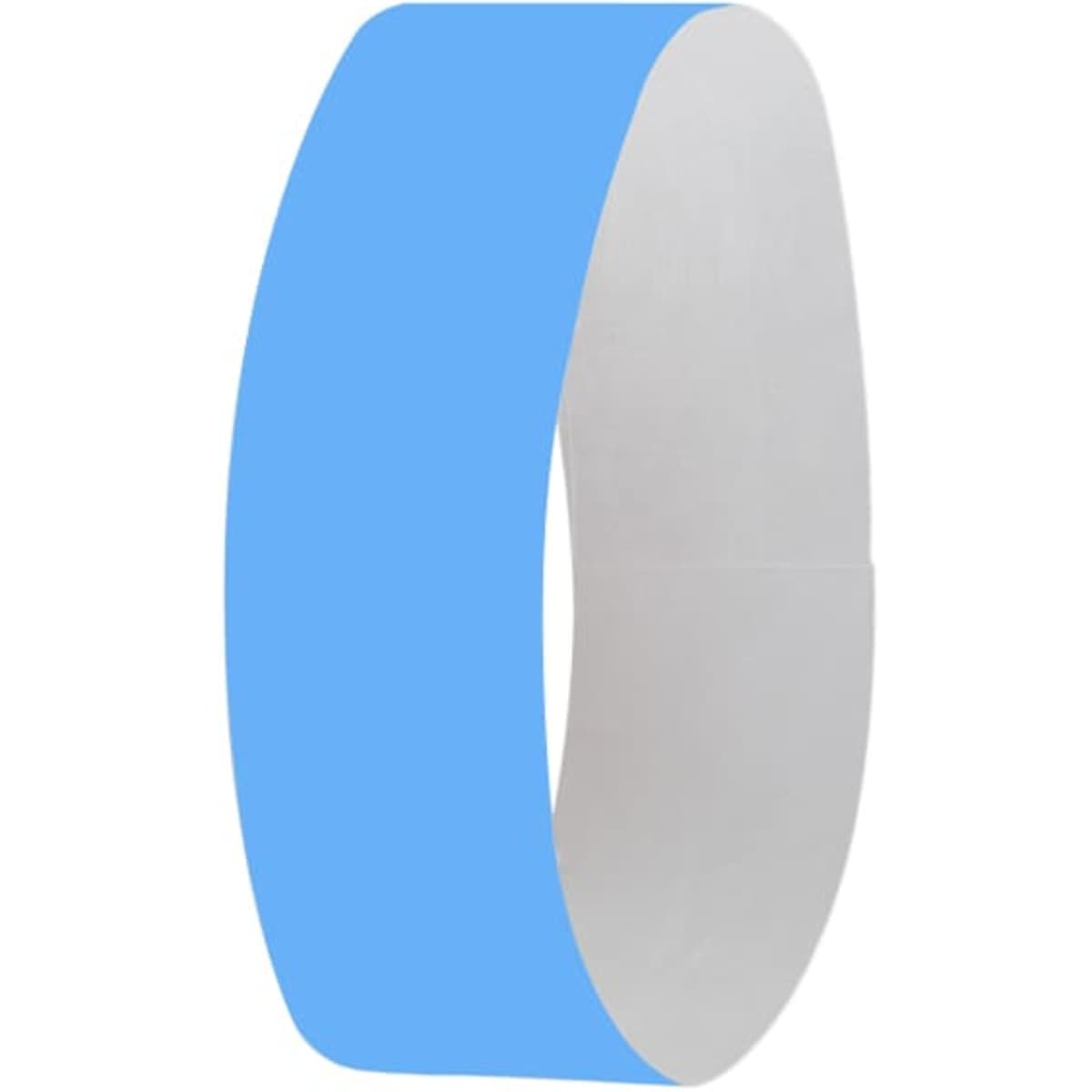 A blue wristband with a smooth, solid surface. Includes a branding logo on the side.