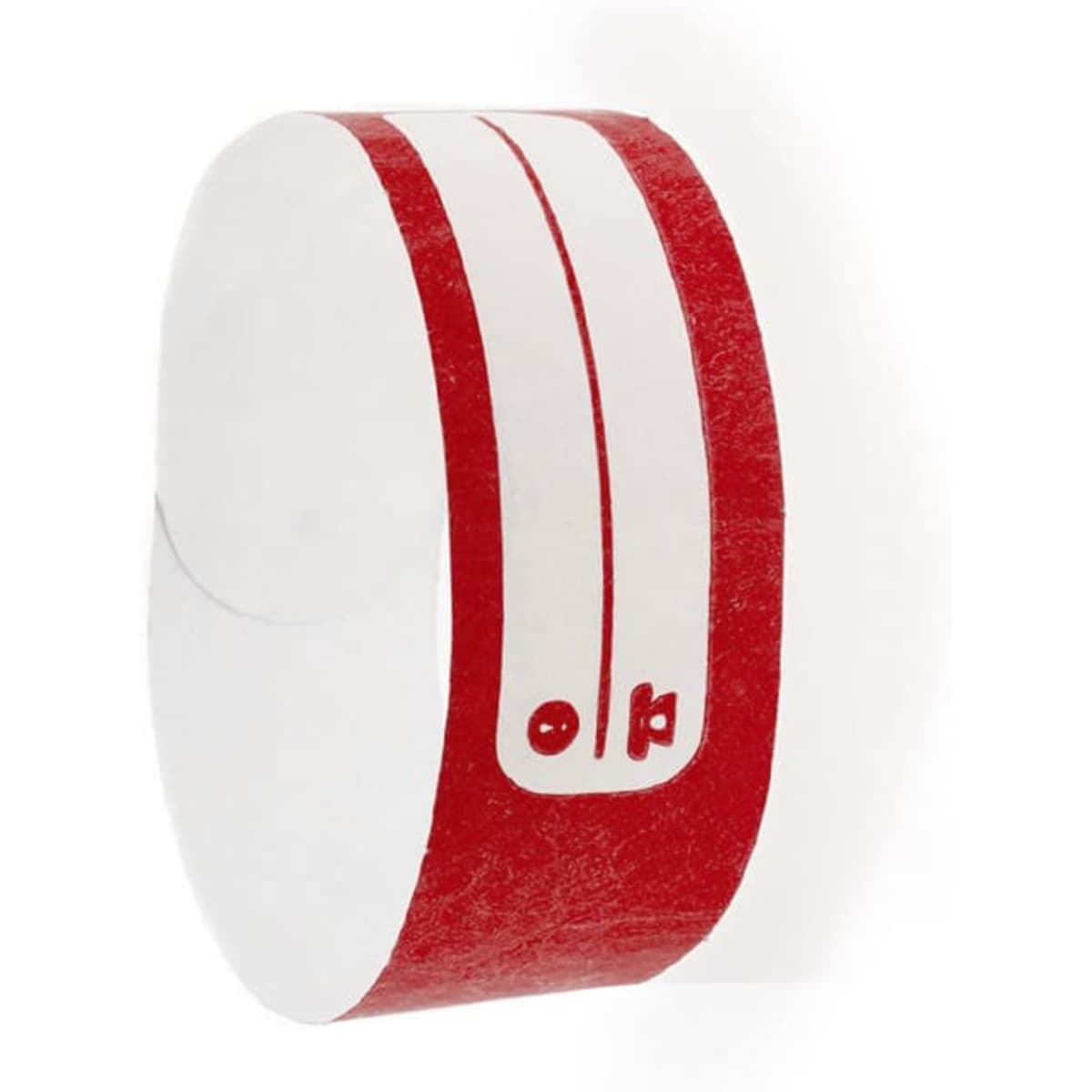 A red and white event wristband with a simple design and a logo.