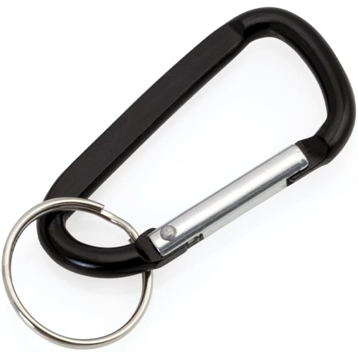 A black carabiner keyring with a silver attachment loop. It features a simple, sturdy design.