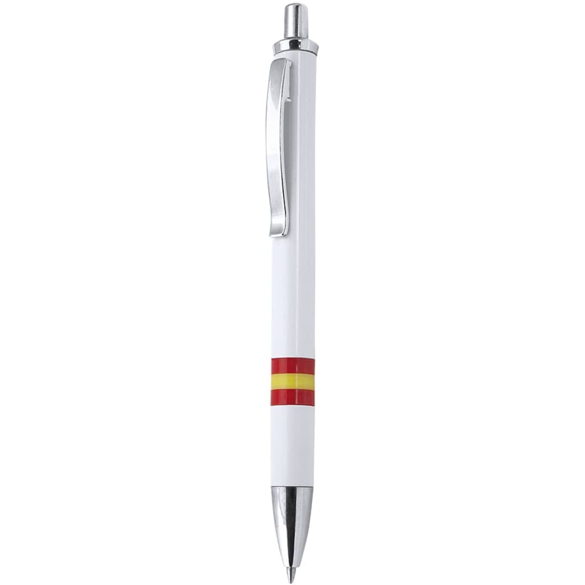 A metal pen featuring a white body with a red stripe and a silver clip. The pen has a branding logo.