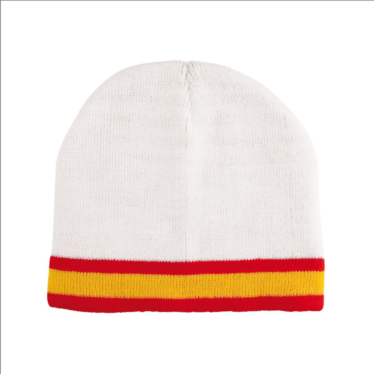 A white beanie with a red and yellow striped band at the bottom, featuring a logo.