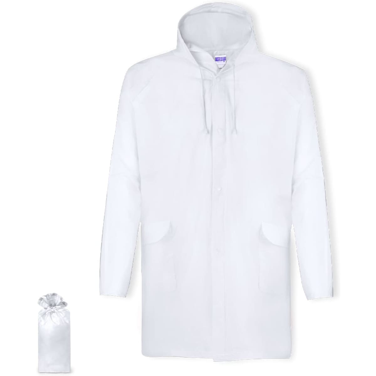A white rain jacket with a hood and pockets, accompanied by a small pouch for compact storage.