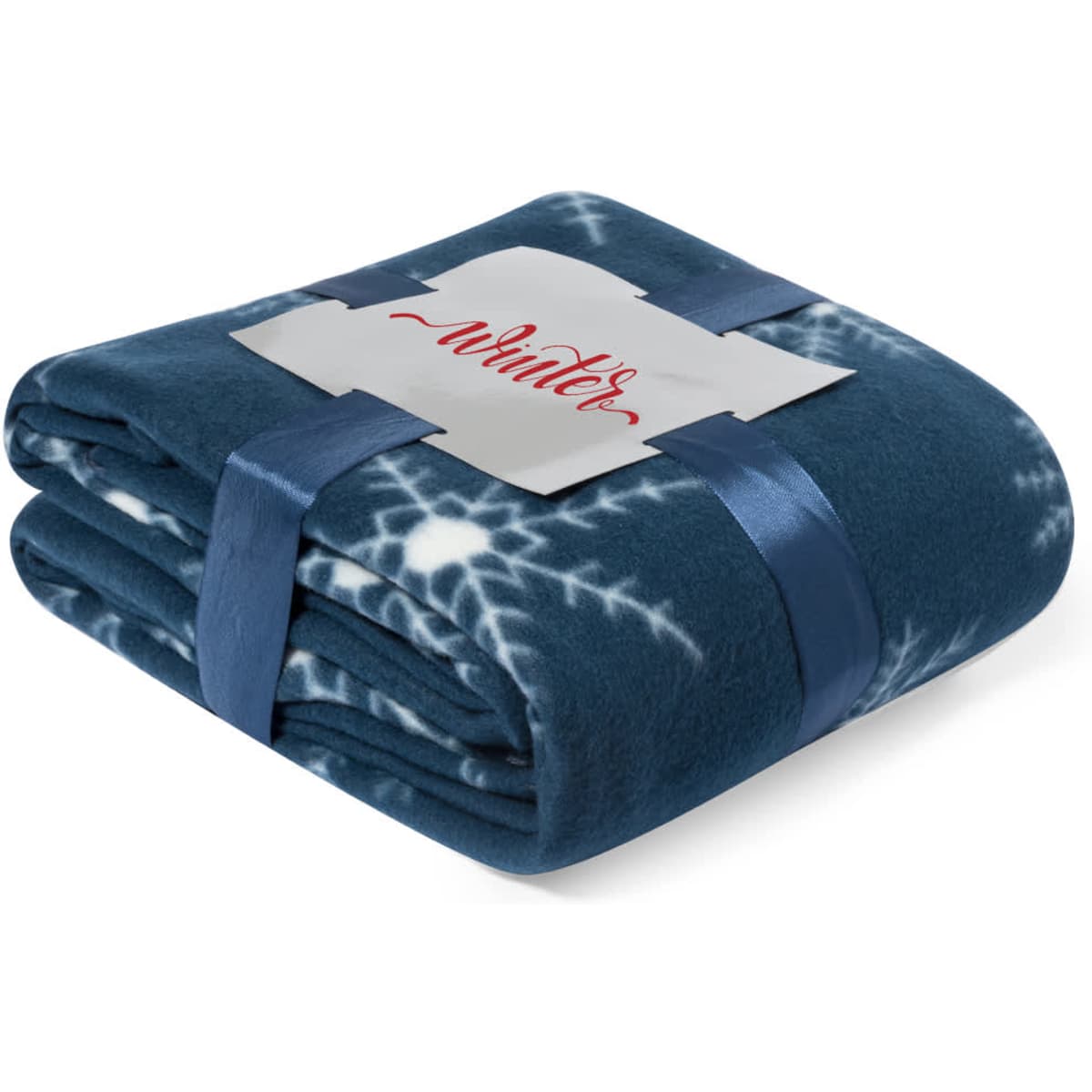 A folded blue and white patterned blanket, neatly tied with a ribbon and featuring a label.