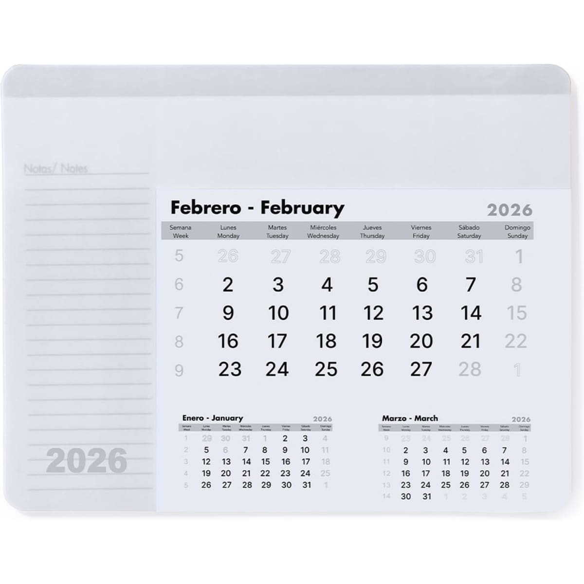 A white mousepad calendar featuring February and March 2026 with space for notes and a branding logo.