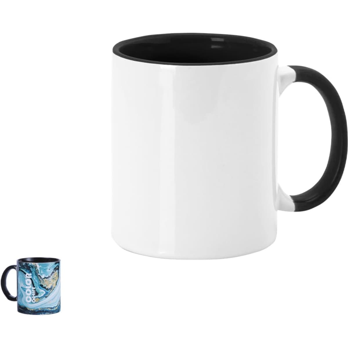 A coffee mug featuring a white exterior and a black handle and interior. It has a logo on it.
