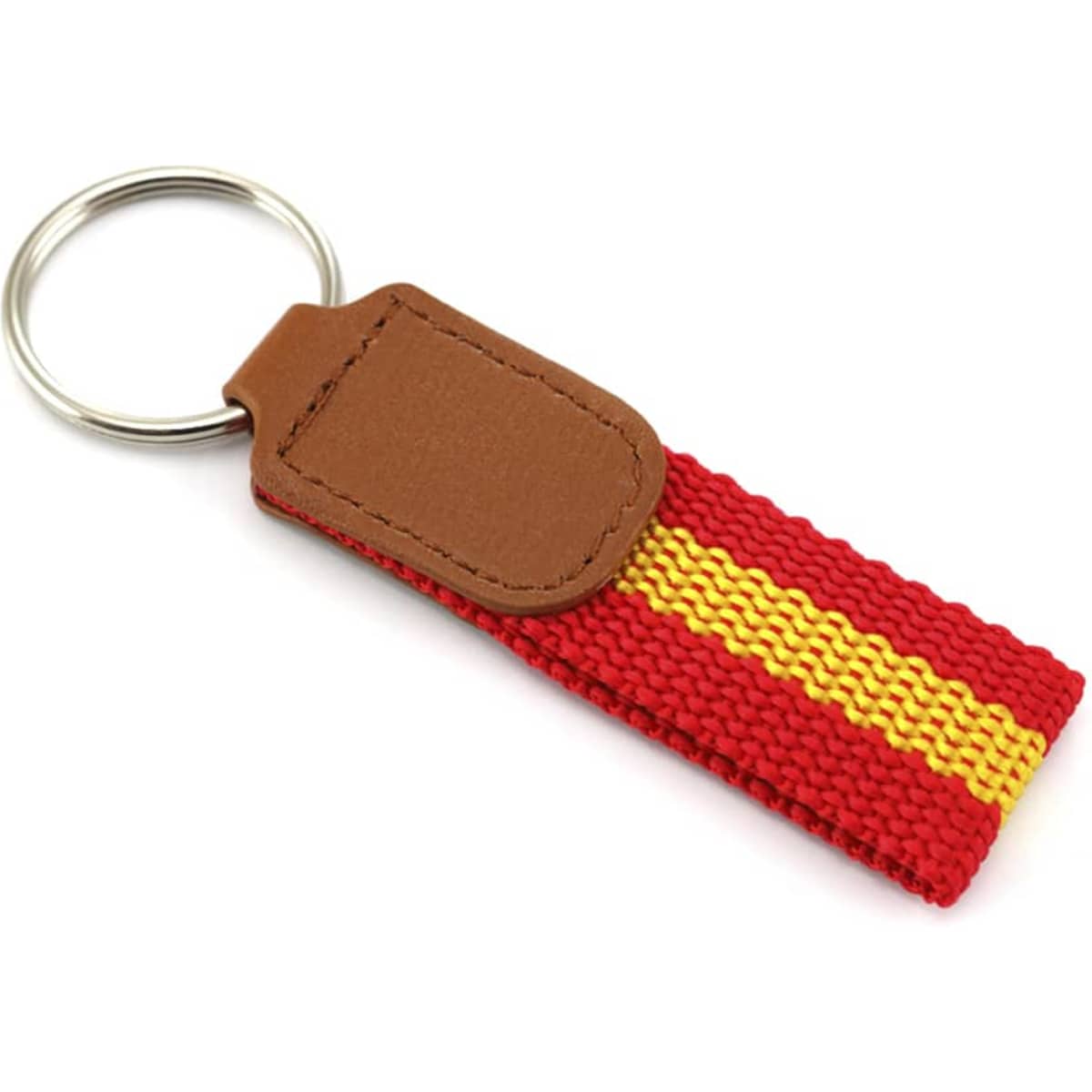 A red and yellow keyring with a leather tag and a metal ring for attachment.