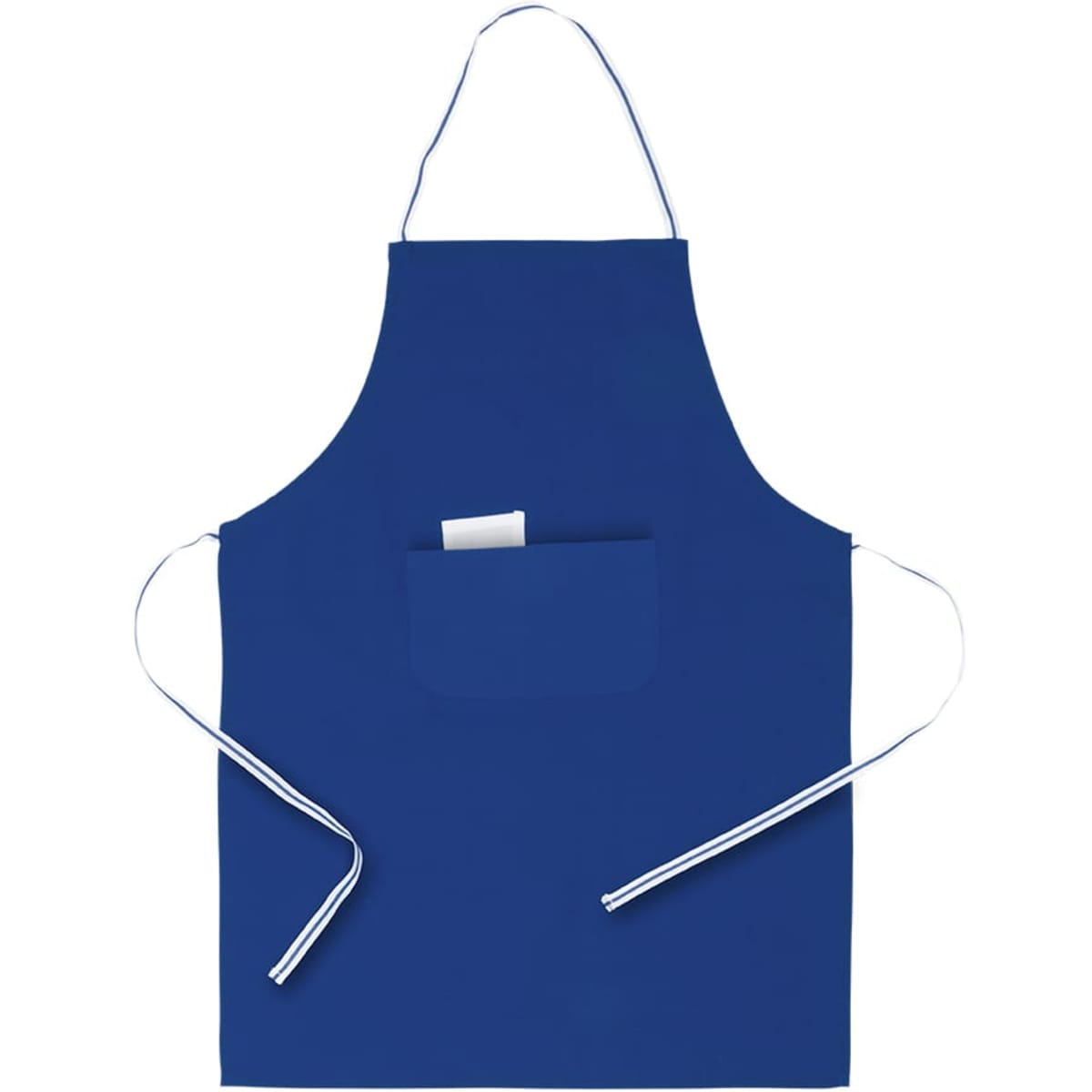 A blue apron featuring a front pocket and white ties. The apron has a logo or branding present.