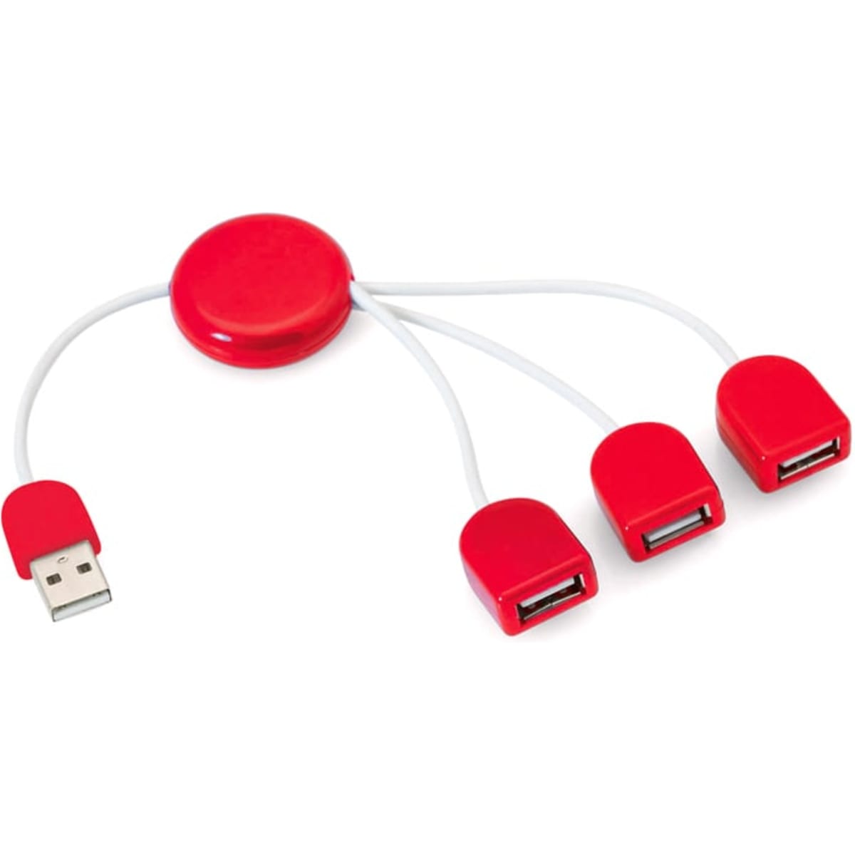 A red USB hub with a round base and three USB ports branching from it. It includes a USB connector.