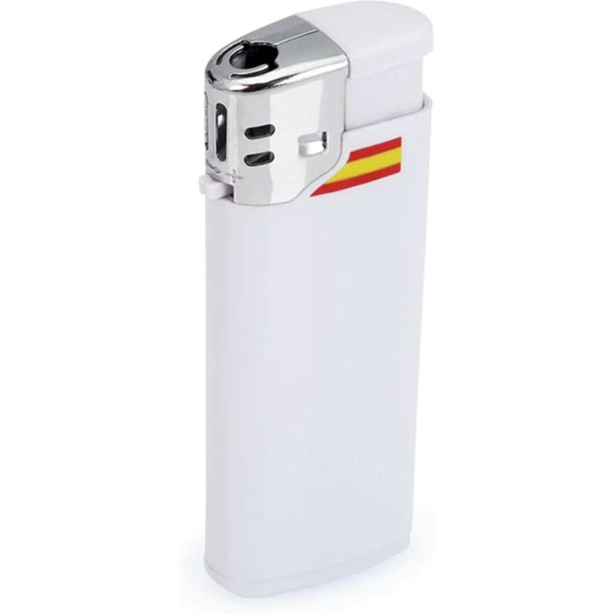 A white lighter with a shiny chrome top, featuring a small logo on the side.