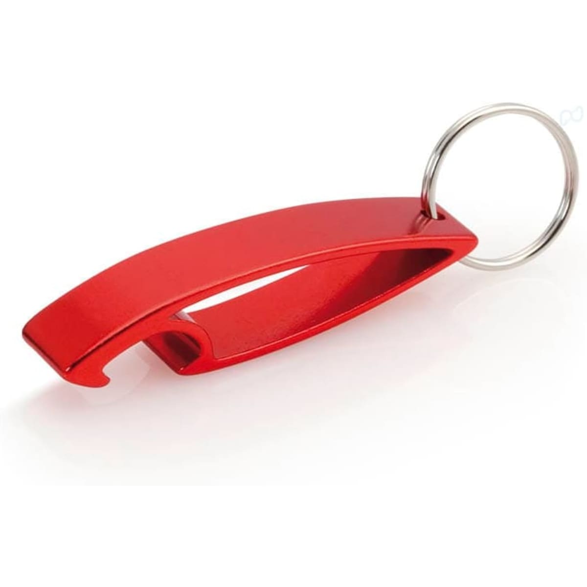 A red keyring bottle opener with a sleek design and a metal keyring attachment. It features a branding logo.