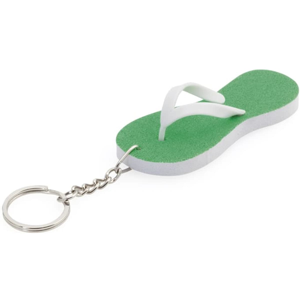 A green flip flop keyring with a silver chain and keyring attachment. It features white straps and a textured surface.