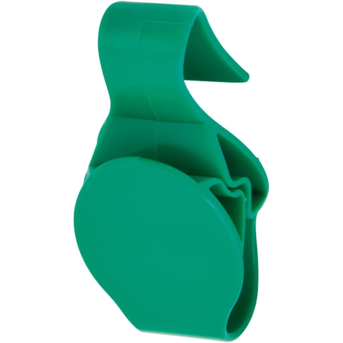A green bag clip with a circular design and a sturdy grip. It has a branding logo on its surface.