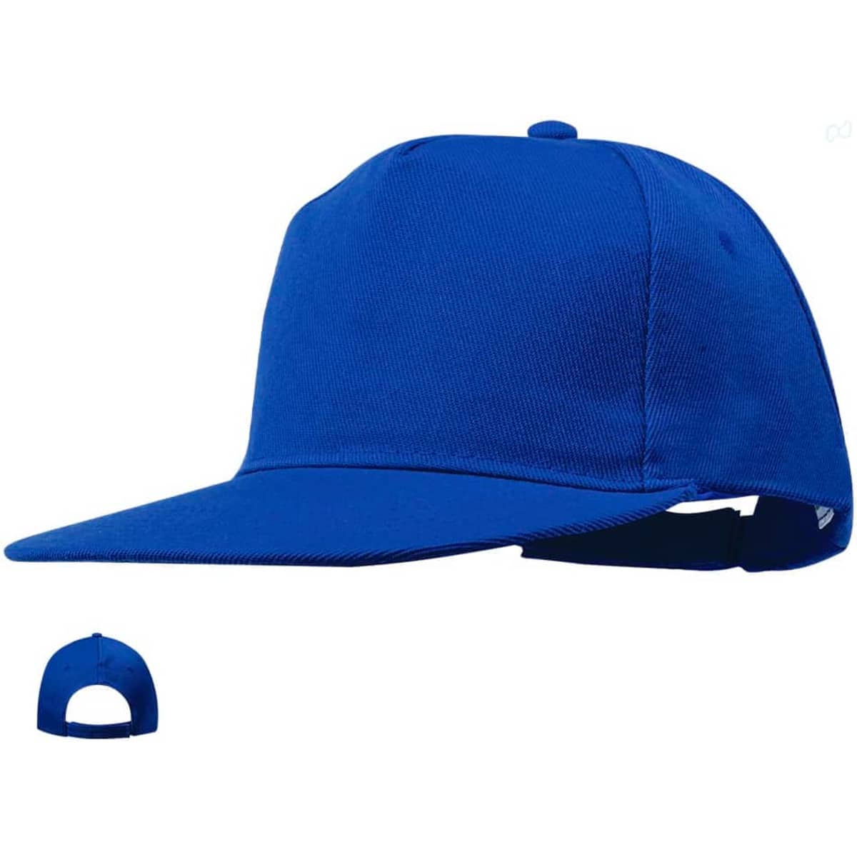 A blue cap featuring a structured design and an adjustable strap at the back, with a logo on the side.