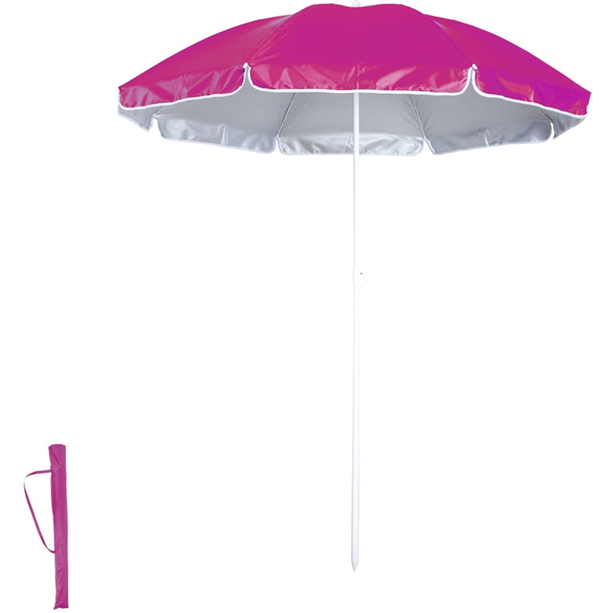 A pink beach umbrella with a silver underside, featuring a white pole and carrying case.