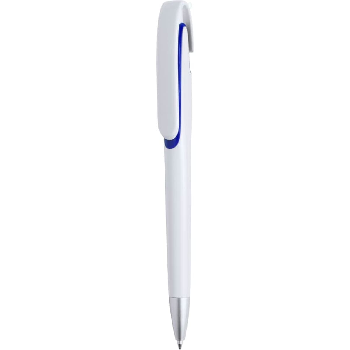 A plastic pen featuring a blue and white design with a clip and silver tip. It includes logo branding.