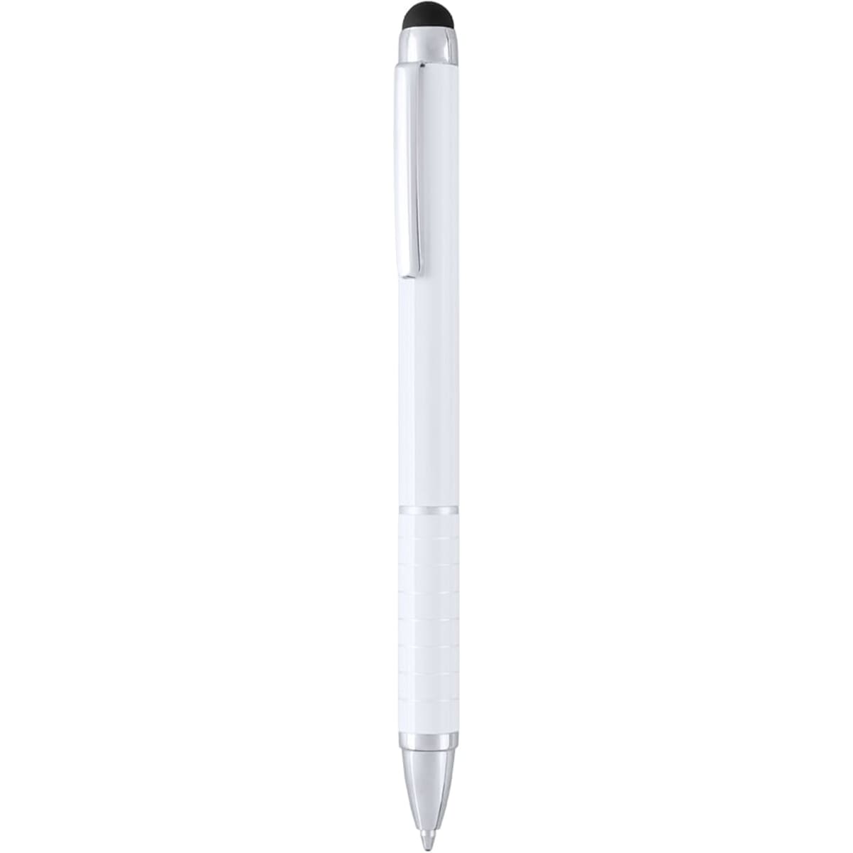A white ballpoint pen with a stylus tip and a silver clip. The pen has a smooth barrel design.