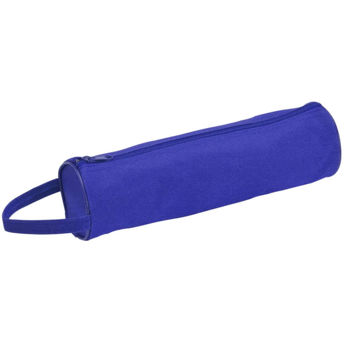 A blue pencil case with a zip closure and a carrying handle. It features a branding logo.