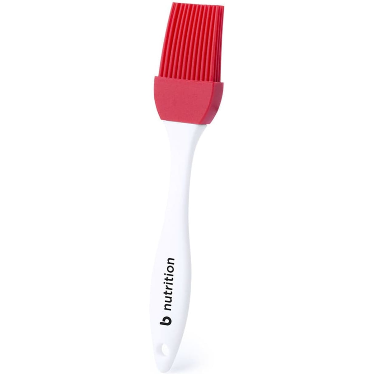 A red silicone brush with a white handle, featuring a logo on the handle.