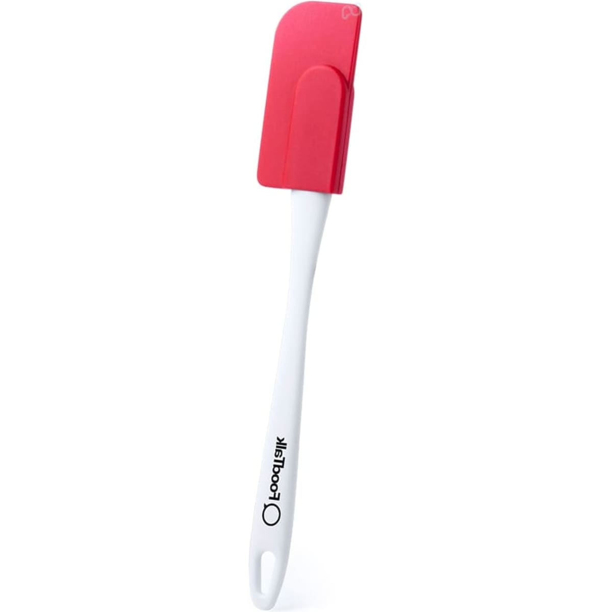 A silicone spatula with a red head and white handle, featuring a logo on the handle.