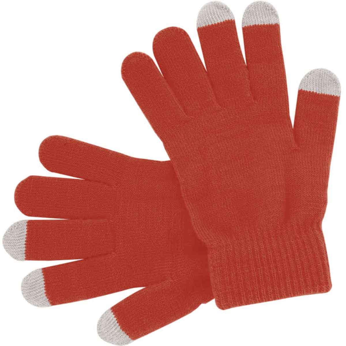 Bright orange gloves with white tips on the fingers, featuring a knit design and a logo.