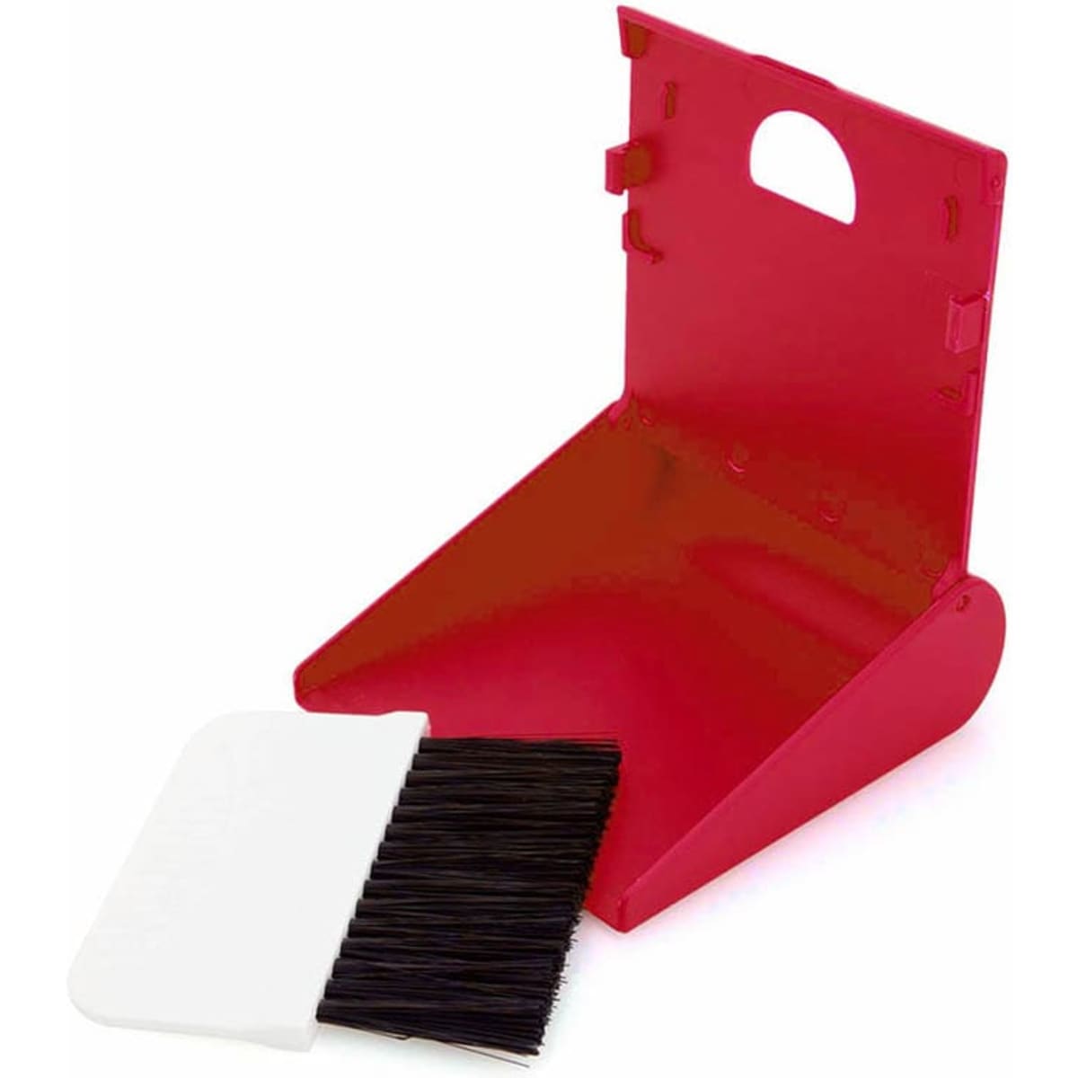 A red dustpan with a white brush, designed for home cleaning tasks. It features a compact, foldable design.