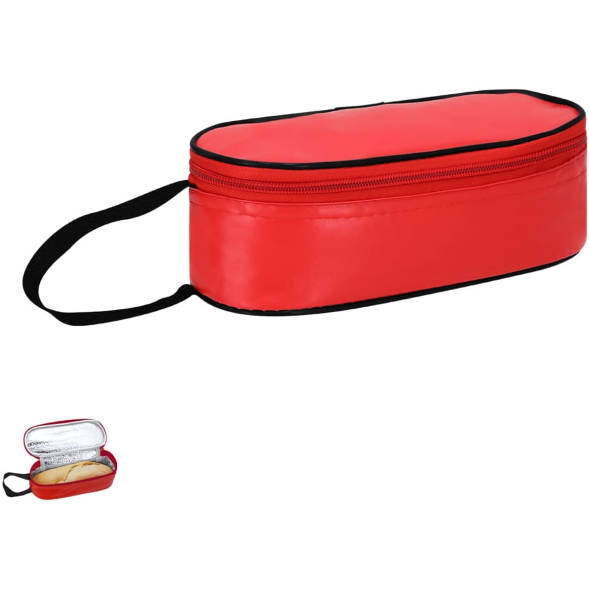 A red lunch bag with a zip closure and side handle, featuring a black trim. Includes an interior compartment.