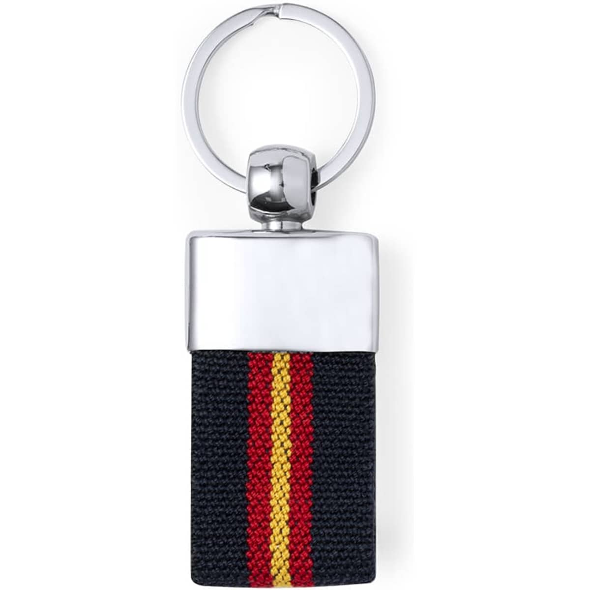 A keyring featuring a rectangular design with red, yellow, and black stripes and a silver metal attachment.