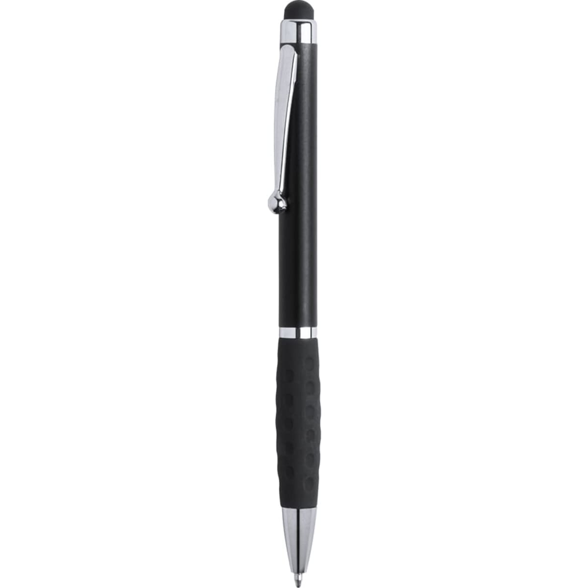 A black ballpoint pen with a silver clip and stylus tip, featuring a textured grip for comfort.
