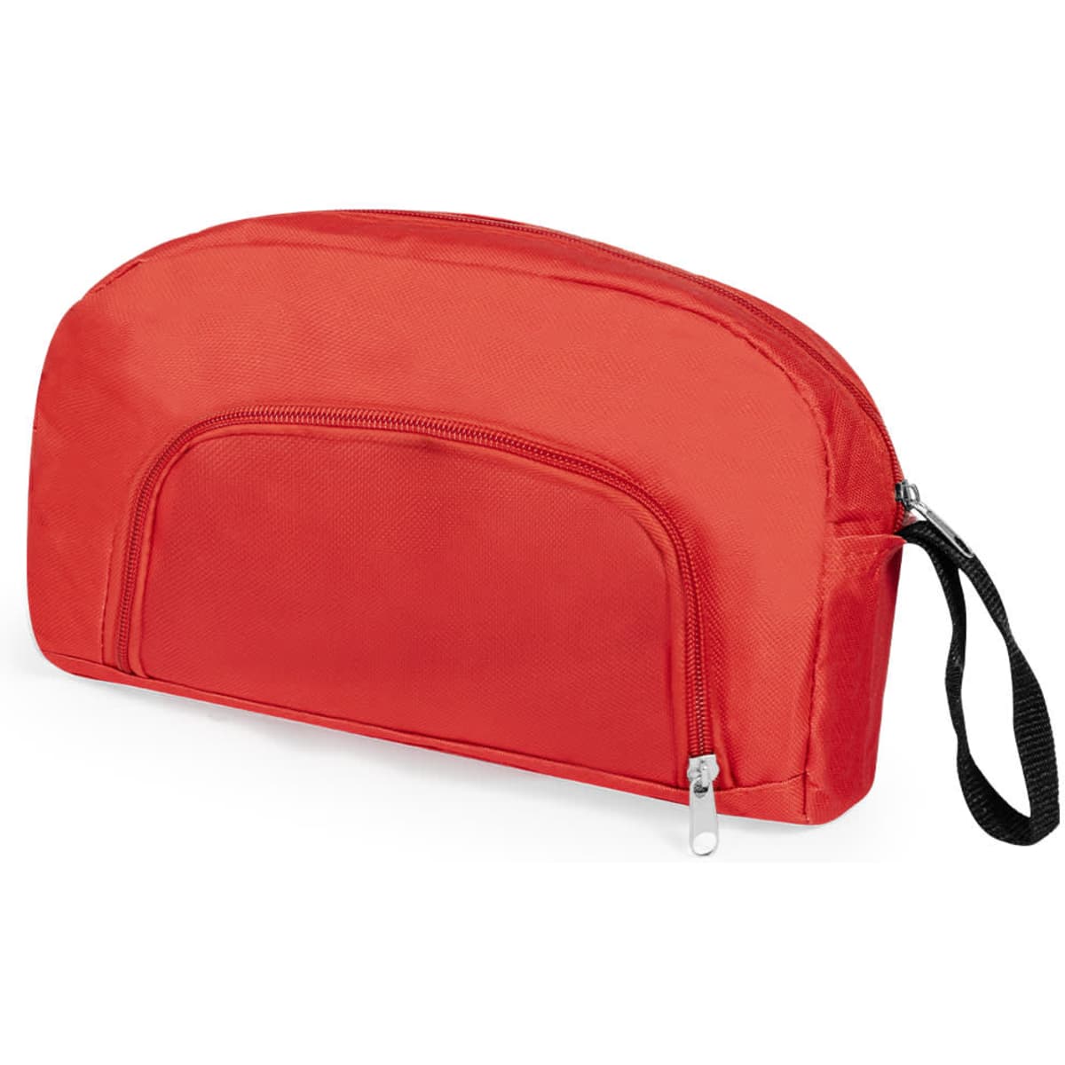 A red toiletry bag with a zipper closure and a front pocket, featuring a wrist strap for easy carrying.