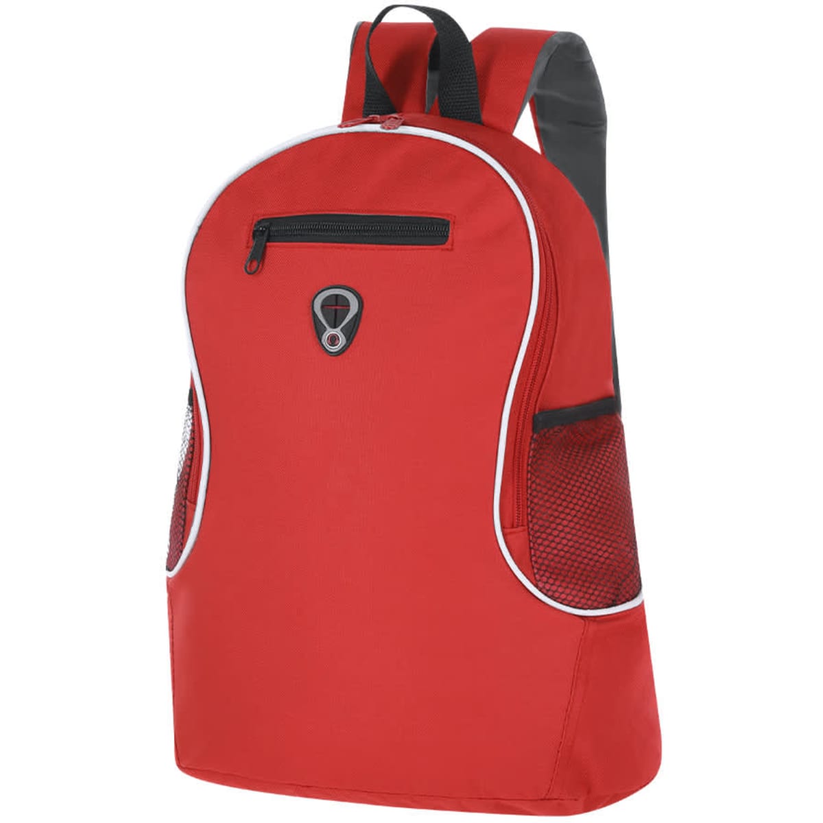 A red backpack featuring a front zip pocket and mesh side pockets, with a logo on the front.