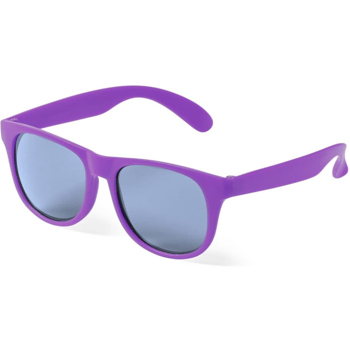 Purple sunglasses with blue mirrored lenses and a simple design, featuring a logo on the side.