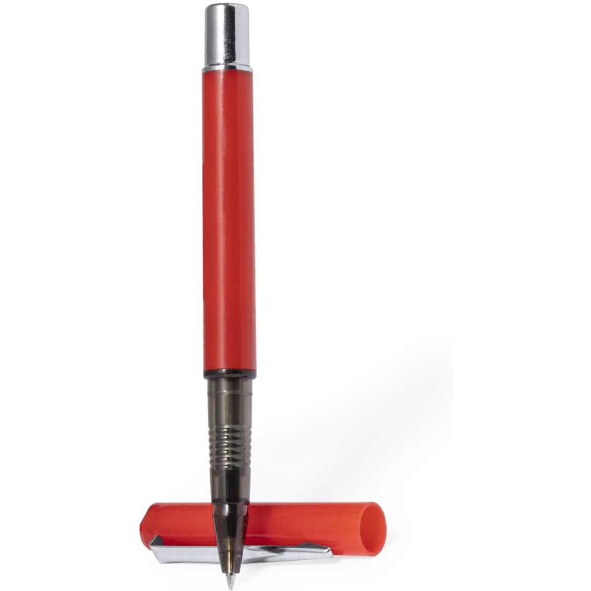 A red pen with a silver clip and a removable cap, featuring a branding logo on the barrel.