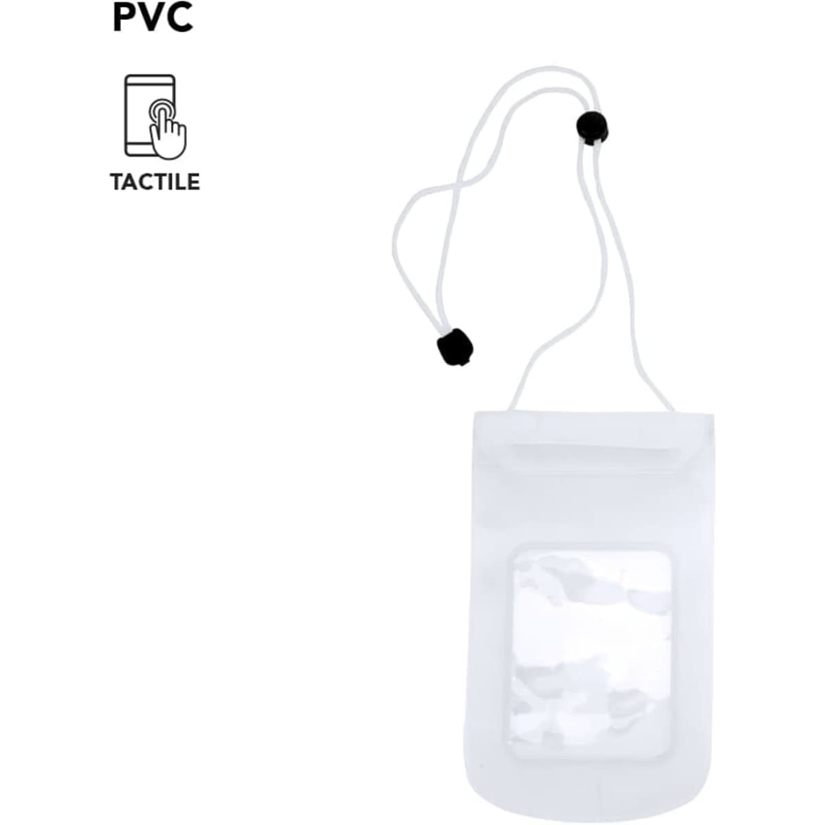 A clear, white, multipurpose dry bag with a zip closure and adjustable drawstring. Features a logo.